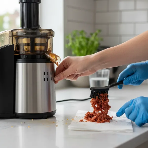 A person troubleshooting an overheating juicer by checking ventilation and clogs.