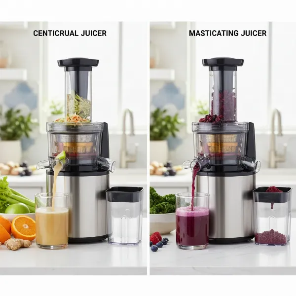 A side-by-side comparison of a centrifugal juicer and a masticating juicer, highlighting their operational differences and impact on juice yield.