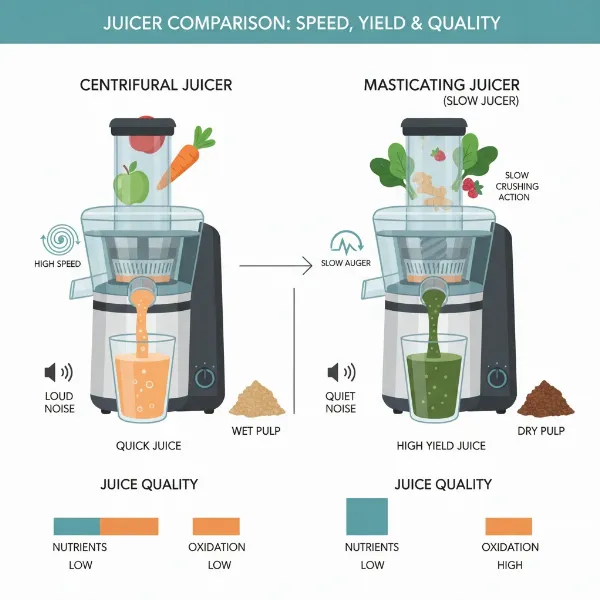 A conceptual diagram illustrating the differences between centrifugal and masticating juicers for comparison.