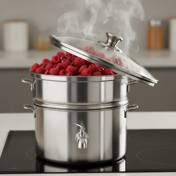 An 11-quart stainless steel steam juicer on a stovetop, filled with berries, emphasizing its large capacity and sturdy build. 