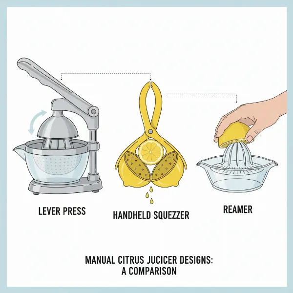 A comparison of different types of manual citrus juicers, showing their design variations and features.