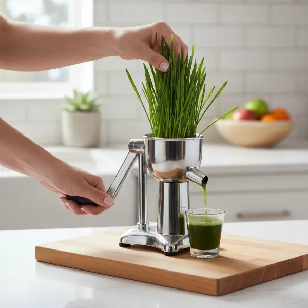 A person hand-cranking a manual wheatgrass juicer, demonstrating its simplicity and directness.