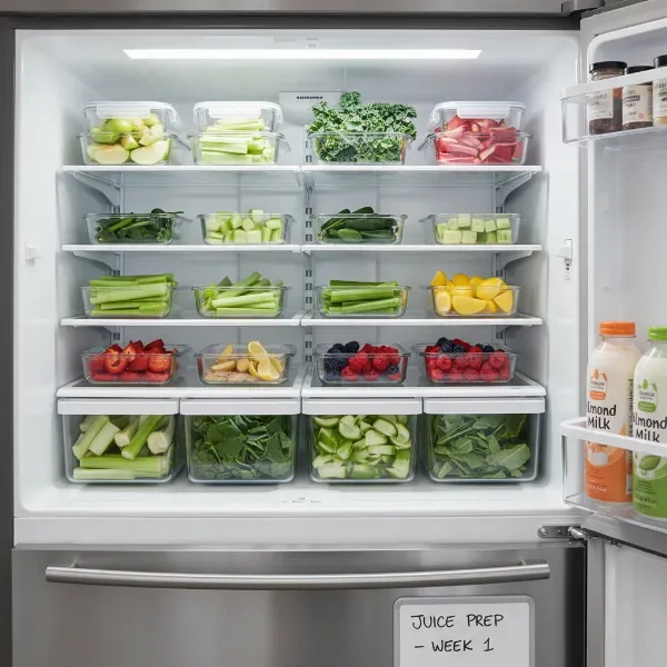 Transparent meal prep containers filled with pre-portioned, ready-to-juice fruits and vegetables, neatly stacked in a refrigerator, symbolizing organized and time-saving juicing.