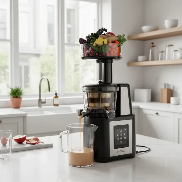 Nama J2 Cold Press Juicer with a large hopper full of produce.