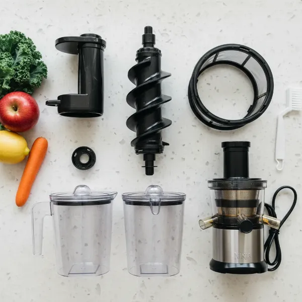 Various disassembled parts of the Ninja NeverClog Cold Press Juicer laid out for cleaning, with a cleaning brush nearby, illustrating its manageable cleaning process.