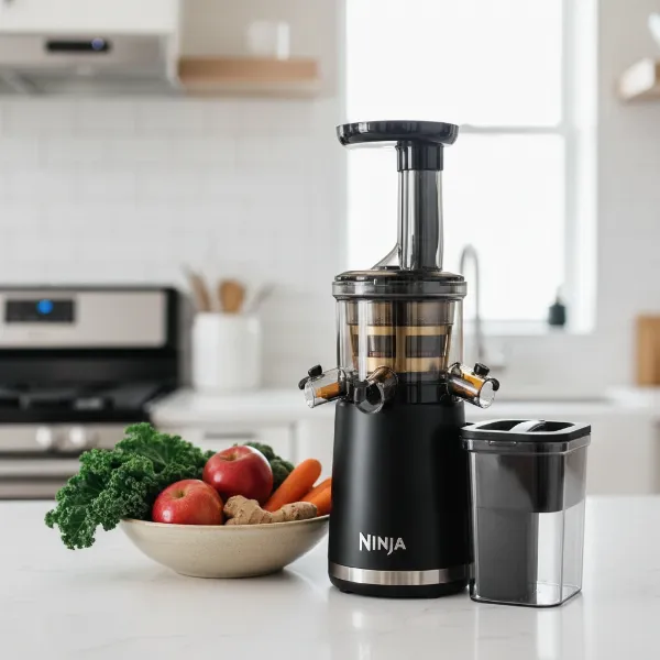 A compact Ninja NeverClog Cold Press Juicer sitting neatly on a modern kitchen countertop, ready for use, emphasizing its space-saving design.