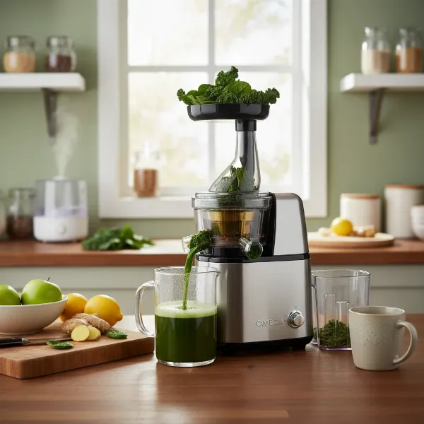 An Omega masticating juicer extracting juice from leafy greens, highlighting its quiet operation and efficiency with greens.