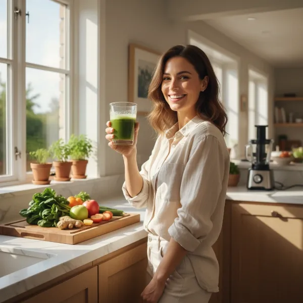 A woman smiling brightly while holding a glass of green juice, looking energetic and healthy in a sunny kitchen setting.