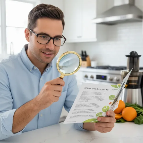 Person carefully reading a juicer warranty document with a magnifying glass to highlight the importance of understanding fine print and avoiding loopholes.