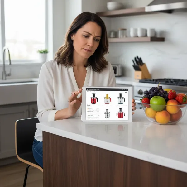A person thoughtfully looking at different juicer options online or in a store, representing the buying decision process for a steam juicer. 