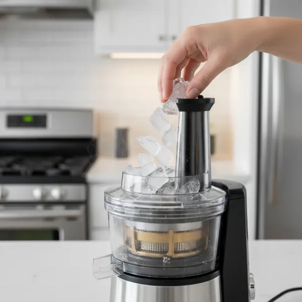 Hand adding ice cubes into a centrifugal juicer's feed chute for blade refreshing.