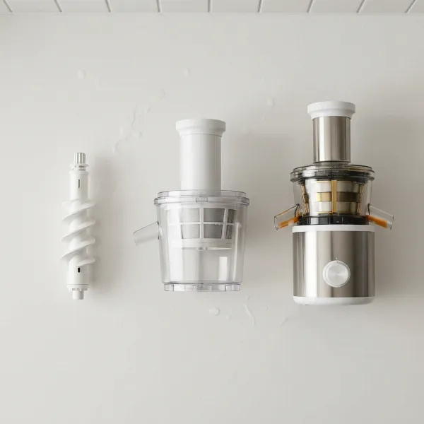 Shine SJX-1 Easy Cold Press Juicer disassembled showing its few, easy-to-clean components