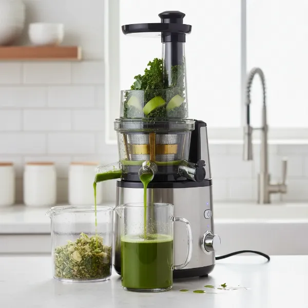 Vertical single auger juicer extracting juice from fruits and vegetables, showing pulp separation.