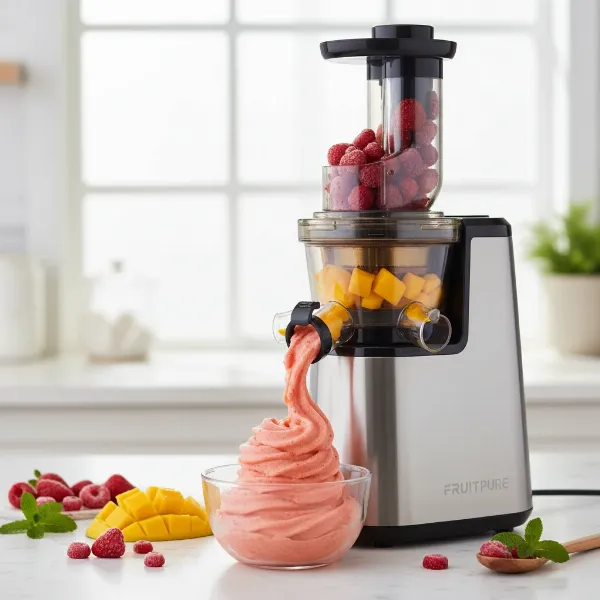 A slow juicer processing frozen fruit into smooth, vibrant sorbet, collected in a bowl below.