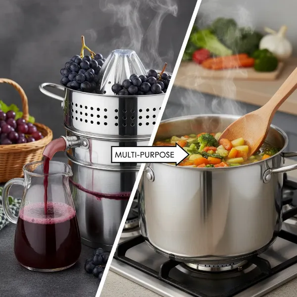 An image showing the versatility of a steam juicer, perhaps with different foods being processed or a visual collage of its various applications. 
