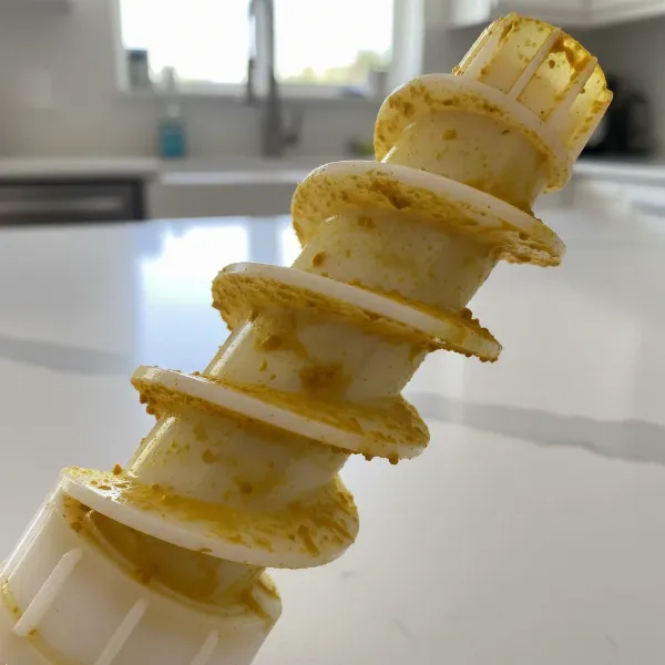 A close-up of a juicer auger stained yellow from turmeric, illustrating the common issue and need for prevention.