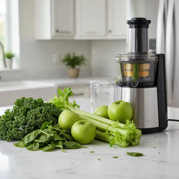 An assortment of fresh green vegetables like kale, spinach, celery, and apples arranged next to a modern juicer, ready for use.
