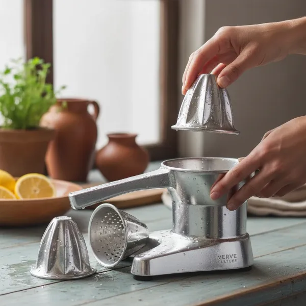 A hand cleaning the detachable parts of a Verve Culture Citrus Juicer, illustrating its ease of disassembly and hygiene.