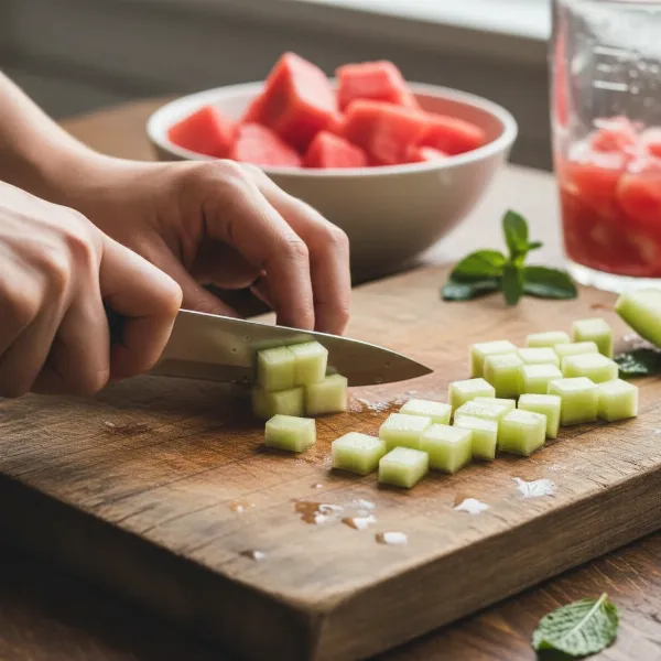 A person cutting the white watermelon rind into small pieces on a wooden cutting board, with the red flesh visible in the background. 