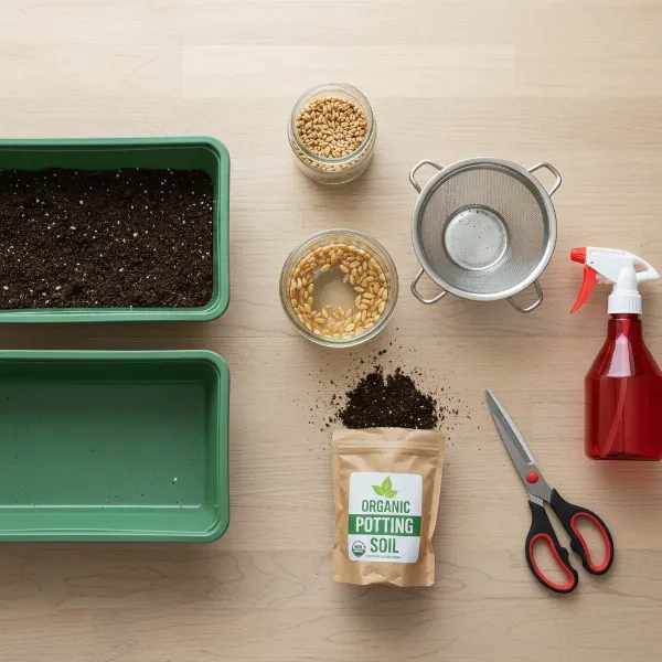 Essential supplies for growing your own wheatgrass at home for juicing, including seeds, trays, and a spray bottle.