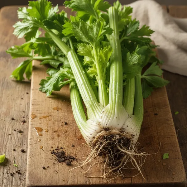 A vibrant image of fresh, whole celery stalks with roots, emphasizing its natural goodness and fiber content