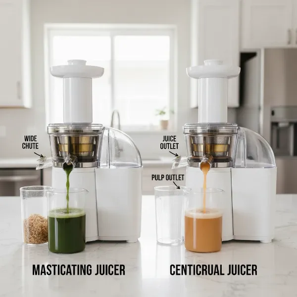 A side-by-side comparison of different types of wide chute juicers, showcasing various designs and sizes.
