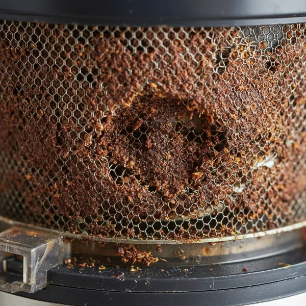 Detail of a heavily clogged and worn-out juicer screen with visible damage.